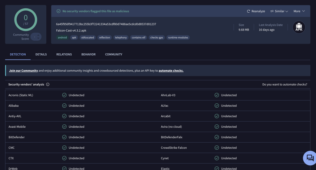 Falcon Cast APK: Virustotal Fulll Report